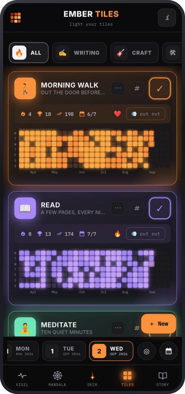 Habit tiles for Morning Walk and Read, each a grid of glowing squares running back through the months — one square per day, lit on the days they were done